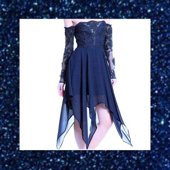 Soieblu Dresses & Skirts - Blue Lace Off Shoulder Long Sleeve Hankerchief Hem Cocktail Evening Dress